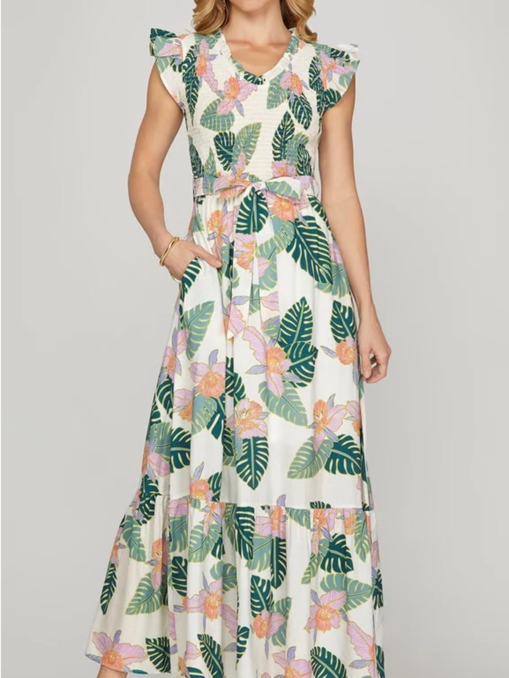 She + Sky White Maxi Dress with Green Leaf and Pink Floral Print